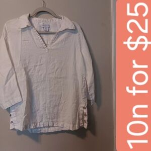 White Girls' Linen-Blend Tunic Top with Button Accent